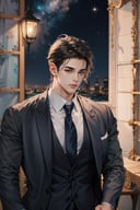 (absurdres, highres, ultra detailed), (1 male, solo, adult, mature:1.4, aged up:1.4, old age, tall muscular guy, broad shoulders, handsome), very short hair, black hair, pomade, brown eyes, (angular jaw:1.4, thick neck:1.4, thick eyebrows:1.4), BREAK, night, dark, the night view of the city through a large window, formal suit, necktie, BREAK, upper body, <lora:handsome_male-02:0.7:0,0,0,0,0,0,0,0,0,1,0,0,0,0,0,0,0>