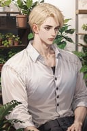 (absurdres, highres, ultra detailed), (1 male, solo, adult, mature, aged up, tall muscular guy, broad shoulders, handsome), blonde hair, red eyes, (angular jaw, thick neck, thick eyebrows), BREAK, best light and shadow, background is back alley, detasiled sunlight, sitting, dappled sunlight, day, plants, summer, depth of field, extremely detailed face, cowboy shot, <lora:handsome_male-02:1:0,0,0,0,0,0,0,0,0,1,0,0,0,0,0,0,0>