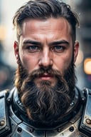 Portrait photo of muscular bearded guy in a worn mech suit, ((light bokeh)), intricate, (steel metal [rust]), elegant, sharp focus, photo by greg rutkowski, soft lighting, vibrant colors, (masterpiece), ((streets)), (detailed face:1.1)