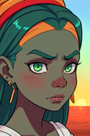 extreme close-up portrait, beautiful Malawian girl, ☹️ frowning and a sad expression, prominent eyebrows, kohl-lined green eyes, regal nose, soft cheekbones, small lips, strong jawline, sun-kissed skin, delicate facial features, Earrings, very long green and aqua multicolored layered hairstyle, fiery ambience