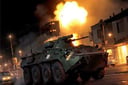 analog gloomy photo of a black (BTR-80, <lora:btr80:1>), racing down a neon city avenue at night,  shooting, buildings on fire, outrun, explosions in the background, High Detail, Sharp focus, ((photorealism)), realistic, best quality, 8k, award winning, dramatic lighting, epic, cinematic, masterpiece, dutch angle, ambient fog:1.4, volumetric lights, 