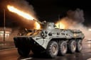analog gloomy photo of a black eight wheeler (BTR-80, <lora:btr80:1>), racing down a neon city avenue at night,  shooting, buildings on fire, outrun, explosions in the background, High Detail, Sharp focus, ((photorealism)), realistic, best quality, 8k, award winning, dramatic lighting, epic, cinematic, masterpiece, dutch angle, ambient fog:1.5, volumetric lights, 
