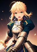 best quality, masterpiece,<lora:saber_v1:0.9>, phSaber, phAltoria, 1girl, solo, weapon, armor, armored dress, sword, gauntlets, glowing weapon, glowing sword, french braid, open mouth, glowing, holding, french braid, holding weapon