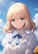 best quality, masterpiece,<lora:saber_v1:0.9>, phSaber, phAltoria, 1girl, solo, cloud, sky, long hair, looking at viewer, day, upper body, alternate costume, puffy sleeves, blue sky, hair down, blurry, frills, juliet sleeves, white shirt, smile,