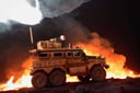 analog gloomy (close up shot) photo of a 6x6 MRAP,  <lora:mr4p:1>, (escaping from fire and lava (at night)), volcano eruuption, ((at night)), (horror movie), ((nighttime)), lava explosions, (midnight), (surrounded by lava:1.2), apocalyptic, catastrophe, High Detail, Sharp focus, (photorealism), realistic, best quality, 8k, award winning, dramatic lighting, epic, cinematic, masterpiece, backlit, rim light, ambient fog:1.5, dutch angle, low angle view, depth of field, 