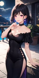 colorful, 1girl, medium breasts, parted lips, blush, makeup, finger in own mouth, light smile, black hair, purple eye, dress, moonlight, scenery, collarbone, narrow waist, earring, chromatic aberration,
