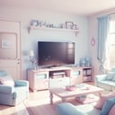 <lora:KawaiiTech-20:1>, kawaiitech,pastel color, kawaii,  cute colors ,scifi,  living room, television, couch, 