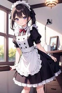 (masterpiece, best quality), 1girl, petite, maid uniform, cleaning, adorable smile