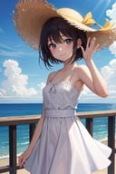 masterpiece, best quality, high resolution, extremely detailed, detailed background, cinematic lighting, 1girl, looking at viewer, absurdres, ocean, railing, white dress, sun hat, smile, waving,