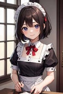 masterpiece, best quality, high resolution, extremely detailed, cinematic lighting, 1girl, looking at viewer, petite, maid uniform, cleaning, adorable smile