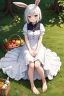 masterpiece, best quality, high resolution, extremely detailed, detailed background, cinematic lighting, 1girl, looking at viewer, animal ears, rabbit, barefoot, dress, sitting, rabbit ears, short sleeves, looking at viewer, grass, short hair, smile, white hair, puffy sleeves, outdoors, puffy short sleeves, bangs, full body, animal, white dress, sunlight, brown eyes, dappled sunlight, day, food