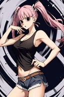masterpiece, best quality, absurdres, perfect antomy, Perona, circle-shaped eyes, black eyes, twintails, twin drills, 1girl, solo, cowboy shot, shorts, tank top