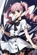 masterpiece, best quality, absurdres, perfect antomy, Perona, circle-shaped eyes, twintails, twin drills, 1girl, solo, cowboy shot, white dress