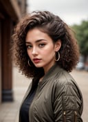 HDR, 8K resolution, intricate detail, sophisticated detail, depth of field, photorealistic, sharp focus, The Usual Suspects, A bomber jacket with a sweater dress and ankle boots, Belle, Average Height, Fit, Oval Face, Olive Skin, Red Hair, black Eyes, Short Nose, Thin Lips, Receding Chin, Shoulder-Length Hair, Curly Hair, Curly Afro, augmented breasts, Clip-on earrings, grape stain lipstick, Achromatic, Triadic, Aurora, front light, overcast <lora:add_detail:0.85>,