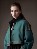 An award-winning closeup photo of a female model wearing a baggy teal distressed medieval cloth womenswear jacket by alexander mcqueen, 4 k, studio lighting, wide angle lens