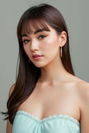 Professional photograph of a beautiful woman, medium shot, studio lighting, pastel colors, foreground, photorealism, shot on a Pentax 645Z, 85mm lens 1.4 aperture, complex background