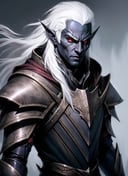 drow, male,  male focus, pointy ears, red eyes, armor, elf, white hair, shoulder armor, upper body, closed mouth, long hair, pauldrons, colored skin, looking at viewer <lora:drow_offset:1>