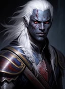 drow, male, solo, red eyes, male focus, armor, white hair, long hair, scar, looking at viewer, colored skin, ((masterpiece, best quality)), art by greg rutkowski <lora:drow_offset:1>