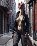 anthro, dragon, solo, female, adult, (open jacket, pants:1.2), (realistic scales, detailed scales texture:1), detailed background, street background, photorealistic, hyper realistic, ultra detailed,