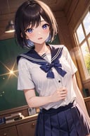 masterpiece, best quality, high resolution, extremely detailed, detailed background, cinematic lighting, dynamic angle, lens flare, glitter, 1girl, short hair, medium breasts, school uniform, indoor