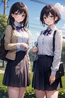 masterpiece, best quality, high resolution, extremely detailed, detailed background, cinematic lighting, dynamic angle, lens flare, outdoors, sky, cloud, power lines, building, fence, multiple girls, (2girls:1.4), long hair, short hair, skirt, jacket, school uniform, bag, utility pole, 