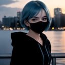 centered, masterpiece, award winning face photography, (frontal view, looking at front, facing viewer:1.2), | 1girl, solo, aqua hair color, short hairstyle, light blue eyes, | (black mouth mask:1.2), dark blue hoodie, | city lights, sunset, buildings, urban scenery, | bokeh, depth of field, | hyperealistic, analog,