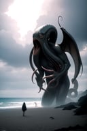 centered, realistic, hyperealistic shadows, photography, | Cthulhu, giant creature, beach, horror, hyperealistic painting, | realistic shadows, detailed creature, | analog, photography, hyperealistic oil paint, |
