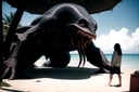centered, realistic, hyperealistic shadows, photography, | Cthulhu, giant creature, beach, horror, hyperealistic painting, | realistic shadows, massive creature, | analog, photography,