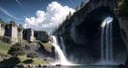 centered, masterpiece, hyperealistic shadows, (realistic:1.1), | perfect detailed enviroment, | a cave that has waterfalls and trees and beautiful galaxies sky birds flying above the clouds there is no one there only trees waterfalls and clouds, | realism, analog,