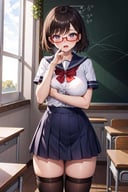 (masterpiece), best quality, high resolution, extremely detailed, detailed background, cinematic lighting, lens flare, glitter, 1girl, short hair, medium breasts, school uniform, red eyewear, semi-rimless eyewear, indoor, classroom, chalkboard, grabbing own breast, hand on own crotch, heavy breathing, open mouth, ahegao, blush, aroused, thighhighs,