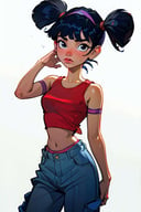 (Musa), (short twin tails, bangs, black hair, black eyes, asian), (casualoutfit), (red croptop, baggy cargo jeans, arm band), (white background, solid white background:1.2), (realistic:1.2), (masterpiece:1.2), (full-body-shot:1),(Cowboy-shot:1.2), neon lighting, dark romantic lighting, (highly detailed:1.2),(detailed face:1.2), (gradients), colorful, detailed eyes, (natural lighting:1.2), (neutral standing pose:1.2), (solo, one person, 1girl:1.5),<lora:WinxClubMusa-10:0.9> <lora:add_detail:0.15> <lora:hipoly3DModelLora_v10:0.05> <lora:RSERomantic_RSESofiko_RSEEmma-v1:0.1> <lora:BeautifulEyes:0.65>