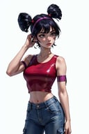 (Musa), (short twin tails, bangs, black hair, black eyes, asian), (casualoutfit), (red croptop, cargo jeans, arm band), (white background, solid white background:1.2), (realistic:1.2), (masterpiece:1.2), (full-body-shot:1),(Cowboy-shot:1.2), neon lighting, dark romantic lighting, (highly detailed:1.2),(detailed face:1.2), (gradients), colorful, detailed eyes, (natural lighting:1.2), (neutral standing pose:1.2), (solo, one person, 1girl:1.5),<lora:WinxClubMusa-10:0.9> <lora:add_detail:0.15> <lora:hipoly3DModelLora_v10:0.05> <lora:RSERomantic_RSESofiko_RSEEmma-v1:0.1> <lora:BeautifulEyes:0.65>