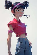 (Musa), (short twin tails, bangs, black hair, black eyes, asian), (casualoutfit), (red croptop, baggy cargo jeans, red headband), (white background, solid white background:1.2), (realistic:1.2), (masterpiece:1.2), (full-body-shot:1),(Cowboy-shot:1.2), neon lighting, dark romantic lighting, (highly detailed:1.2),(detailed face:1.2), (gradients), colorful, detailed eyes, (natural lighting:1.2), (neutral standing pose:1.2), (solo, one person, 1girl:1.5),<lora:WinxClubMusa-10:0.9> <lora:add_detail:0.15> <lora:hipoly3DModelLora_v10:0.05> <lora:RSERomantic_RSESofiko_RSEEmma-v1:0.1> <lora:BeautifulEyes:0.65>
