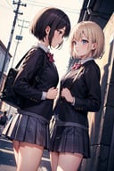 (masterpiece), best quality, high resolution, highly detailed, detailed background, perfect lighting, dynamic angle, 2girls, long hair, short hair, skirt, jacket, school uniform, bag, utility pole,