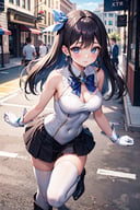 (masterpiece), best quality, high resolution, highly detailed, detailed background, perfect lighting, outdoor, street,1girl, medium breasts, magical girl, leotard, skirt, white gloves, white thighhighs, boots, hair ornament, bow, ribbon, jewelry, brooch, earrings, blush,
