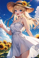 (masterpiece), best quality, high resolution, highly detailed, detailed background, perfect lighting, outdoor, 1girl, blonde hair, long hair, bangs, blue eyes, straw hat, white dress, sundress, frill, field of sunflower, wind lift, sky, cloud, laughing