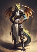 green dragonborn, female, solo, gloves, standing, tail, full body, yellow eyes, wings, horns, signature, armor, shoulder armor, claws, brown gloves, pauldrons, hands on hips, breastplate, dragon tail, ((masterpiece, best quality)), art by greg rutkowski  <lora:dragonborn_offset:1>