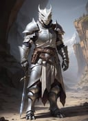 white dragonborn, solo, male, standing, full body, male focus, horns, belt, armor, helmet, shoulder armor, gauntlets, facing viewer, claws, sword on side, pauldrons, vambraces, greaves, full armor, ((masterpiece, best quality)), art by greg rutkowski  <lora:dragonborn_offset:1>