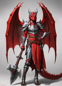 red dragonborn, solo, red eyes, female, holding, jewelry, standing, tail, full body, weapon, female focus, wings, horns, belt, grey background, holding weapon, armor, hand on hip, colored skin, shoulder armor, gauntlets, claws, pelvic curtain, colored sclera, dragon horns, demon wings, pauldrons, breastplate, dragon tail, vambraces, axe, red wings, dragon wings, ((masterpiece, best quality)), art by greg rutkowski  <lora:dragonborn_offset:1>