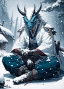 blue dragonborn, solo, long hair, looking at viewer, male, sitting, yellow eyes, weapon, white hair, male focus, outdoors, japanese clothes, horns, pants, sword, wide sleeves, armor, colored skin, fangs, katana, sheath, snow, colored sclera, sheathed, snowing, blue skin, chinese style, , ((masterpiece, best quality)), art by greg rutkowski  <lora:dragonborn_offset:1>