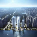 river, city, super high-rise building,high resolution,hyper quality,full details