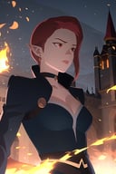 vox machina style, outdoors, castle far away,1girl, fire, red hair, pointy ears, red eyes, short hair, bob haircut, solo, breasts, choker, cleavage, pyrokinesis, magic, fireball, fire magic, long hair, dress, jewelry, medium breasts, long sleeves, elf, wide sleeves, lips, earrings, looking to the side, looking away, closed mouth, embers, flame, upper body, ((masterpiece))<lora:vox_machina_style2:1.07>