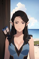 vox machina style, (very detailed background:1.5), outdoors,1girl, solo, pointy ears, breasts, cleavage, arrow \(projectile\), quiver, black hair, medium breasts, cloud, sky, elf, brown eyes, upper body, ((masterpiece))<lora:vox_machina_style2:1.07>