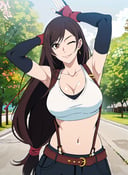 <lora:hellsparadise_style_offset:1> tifa lockhart, 1girl, thick lips, arm up, armpits, artist name, belt, black hair, breasts, brown eyes, cleavage, closed mouth, collarbone, cowboy shot, crop top, earrings, elbow gloves, elbow pads, gloves, jewelry, large breasts, lips, long hair, low-tied long hair, midriff, navel, one eye closed, outdoors, skirt, smile, solo, stomach, suspenders, tank top, upper body, ((masterpiece)) <lora:tifa_lockhart:0.45>