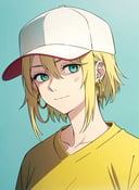 <lora:hellsparadise_style_offset:1> hellsparadise style, masterpiece, best quality, 1girl, aqua eyes, baseball cap, blonde hair, closed mouth, earrings, green background, hat, hoop earrings, jewelry, looking at viewer, shirt, short hair, simple background, solo, upper body, yellow shirt