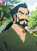 <lora:hellsparadise_style_offset:1> hellsparadise style,1boy, male focus, solo, facial hair, thick eyebrows, beard, black hair, ponytail, japanese clothes, green kimono, outdoors, kimono, blurry background, mustache, blurry, frown, sweatdrop, mature male, upper body, long hair, flower, closed mouth, tree, ((masterpiece))