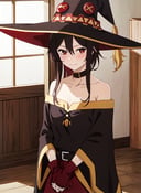 <lora:hellsparadise_style_offset:1> hellsparadise style, megumin, 1girl, bare shoulders, black cape, black gloves, black hair, blush, cape, choker, collarbone, dress, hair between eyes, hat, long sleeves, looking at viewer, medium hair, off-shoulder dress, off shoulder, red dress, red eyes, sidelocks, solo, witch hat, indoors, ((masterpiece))