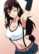 boichi anime style, tifa lockhart, 1girl, thick lips, arm up, armpits, artist name, belt, black hair, breasts, brown eyes, cleavage, closed mouth, collarbone, cowboy shot, crop top, earrings, elbow gloves, elbow pads, gloves, gradient background, jewelry, large breasts, lips, long hair, low-tied long hair, midriff, navel, one eye closed, simple background, skirt, smile, solo, stomach, suspenders, tank top, upper body,  ((masterpiece))   <lora:tifa_lockhart:0.4>  <lora:boichi_anime_style_offset:1>