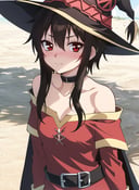 boichi anime style, megumin, 1girl, bare shoulders, black cape, black gloves, black hair, blush, cape, choker, collarbone, dress, hair between eyes, hat, long sleeves, looking at viewer, medium hair, off-shoulder dress, off shoulder, red dress, red eyes, sidelocks, solo, witch hat,  ((masterpiece)) <lora:boichi_anime_style_offset:1>