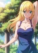 boichi anime style,  1girl, arm behind head, arm up, armpits, blonde hair, blue dress, blue eyes, breasts, choker, cleavage, contrapposto, dress, upper body, looking at viewer, medium breasts, solo, thighs, outdoors, white choker, ((masterpiece)) <lora:boichi_anime_style_offset:1>